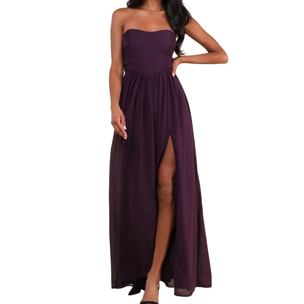 NEW Lulus Luxe Favorite Dark Purple Strapless Ruched Maxi Dress XS Formal Party